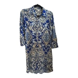 Cabi Abstract Blue, White, & Tan Button Down Shirt Dress Size Small EUC